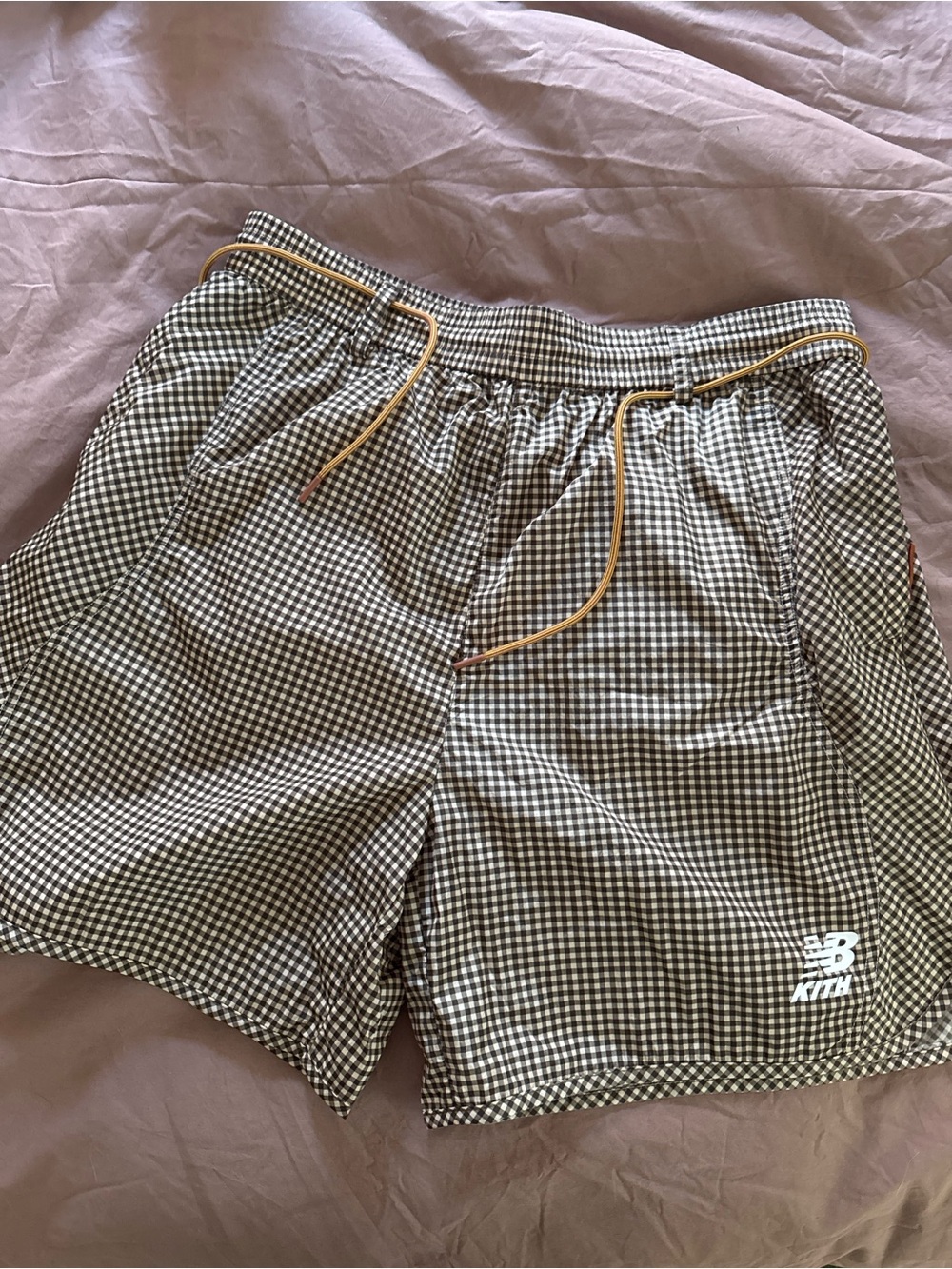 Kith x New Balance Men's Brown Gingham Athletic Shorts with Yellow Drawstring